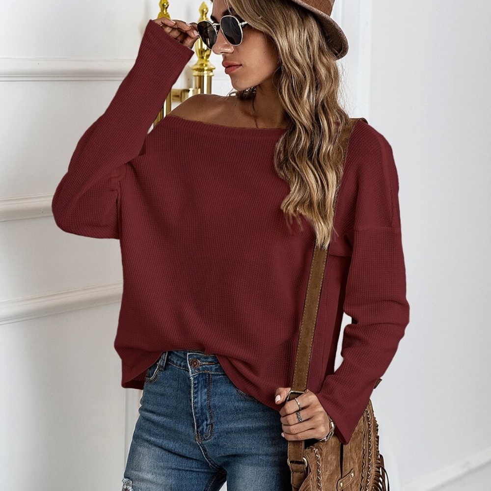 white oversized off shoulder waffle knit top - Picture 6 of 15